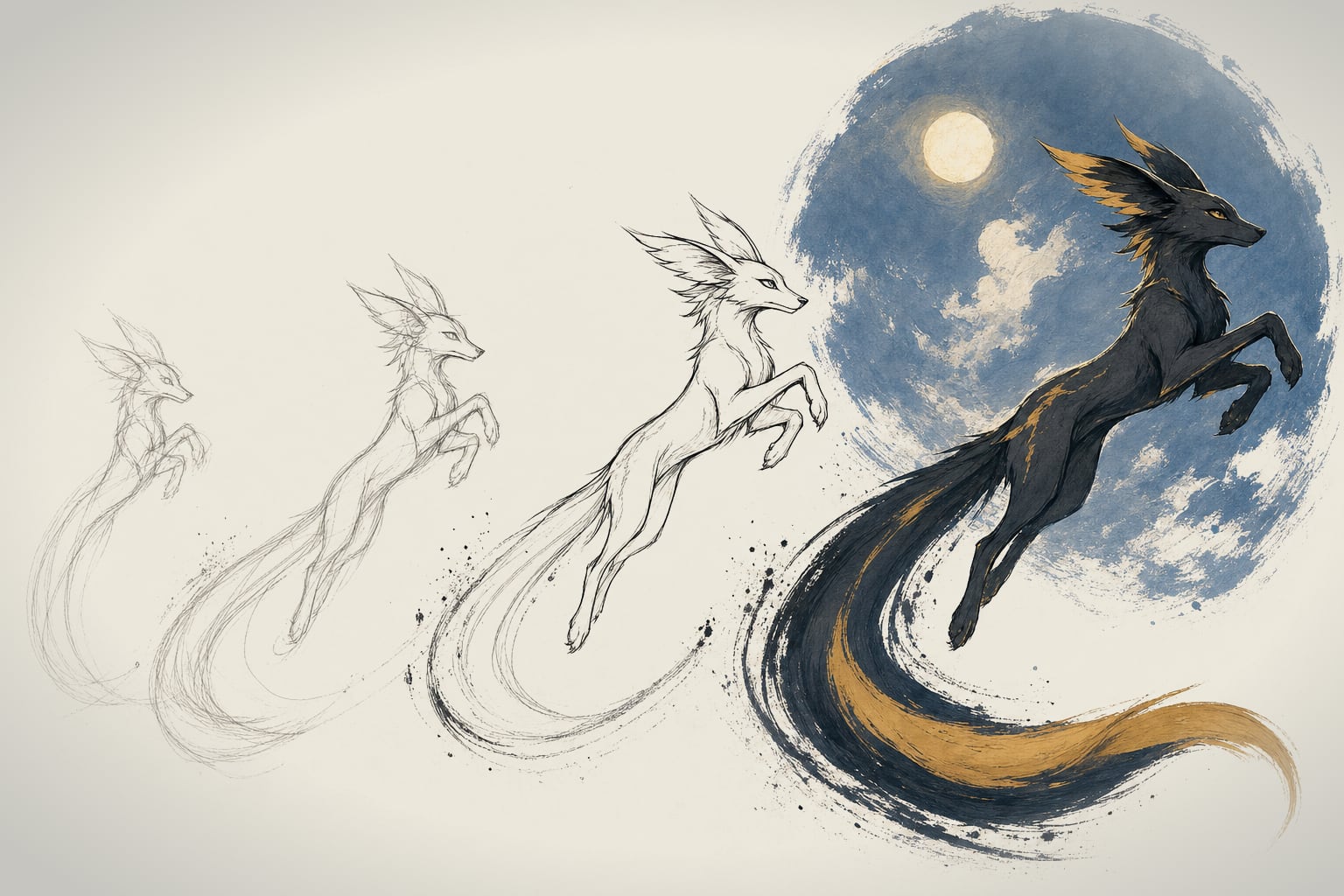 Progression d’animation : la même créature en quatre poses, de l’esquisse au crayon jusqu’à l’image peinte en couleur, dans un même bond diagonal devant un ciel bleu ardoise.
