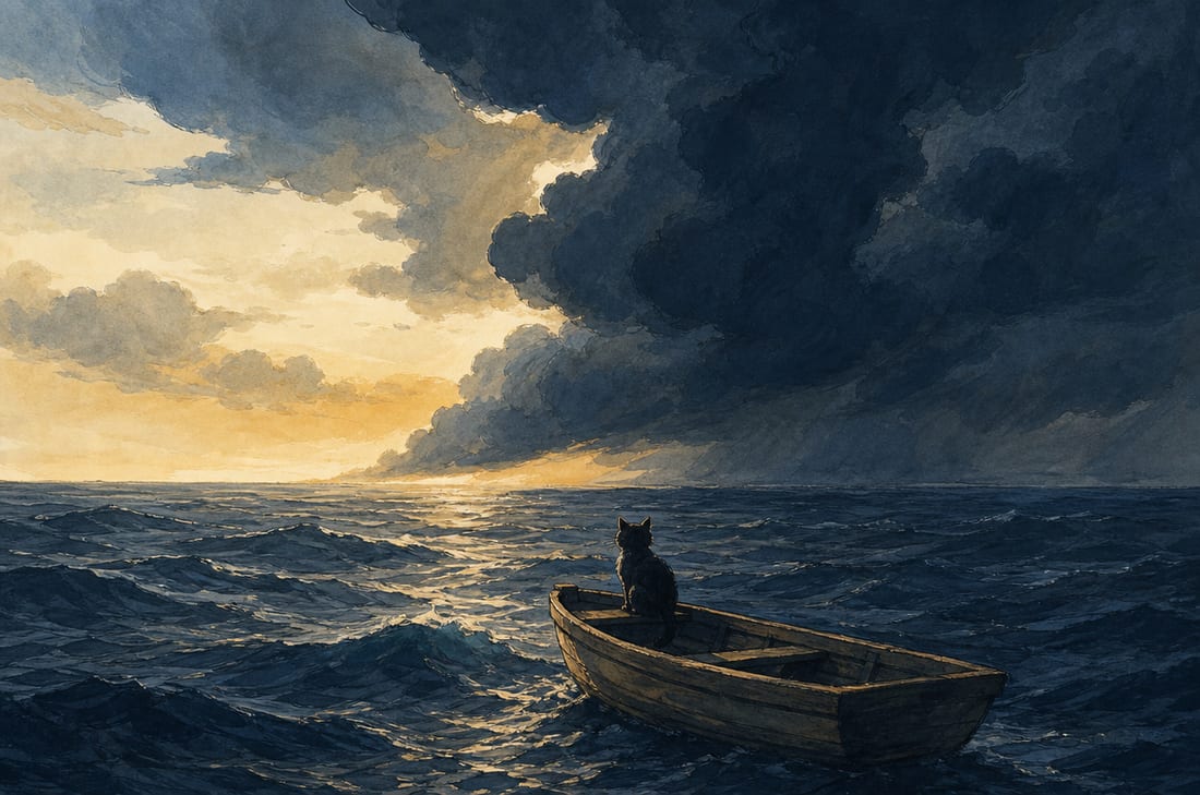 Illustration éditoriale peinte : un chat seul dans une barque sur une mer enflée, sous un banc d’orage bleu ardoise.