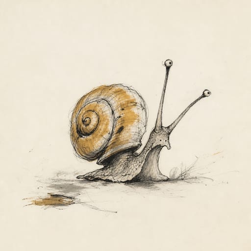 Illustration éditoriale à l’encre : un escargot à la coquille penchée et aux longs pédoncules oculaires.